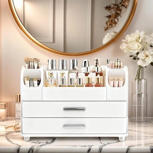 Miniatura 5 de Organizador de maquillaje con 2 cajones, vitrina de cosméticos, soporte de almacenamiento para tocador, mostrador de baño, escritorio, suministros