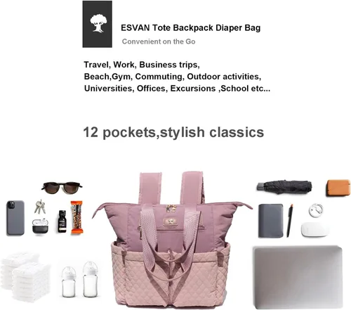 Miniatura 5 de ESVAN Bolsa de pañales Totepack Mochila 2 en 1 para mujer, multifuncional, de gran capacidad, con bolsillos aislados, viaje Multifunctional Rosa