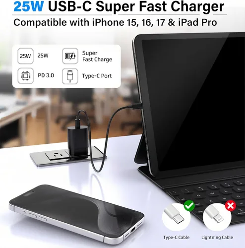 Miniatura 6 de Galaxy S25 S24 - Bloque de carga USB C de 25 W PD cargador súper rápido con cable tipo C, adaptador de enchufe de pared de 6 pies, carga rápida