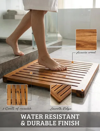 Miniatura 4 de Alfombra de ducha de madera de acacia 21x21 pulgadas de Demigo, lujosa alfombra de baño antideslizante para baño, bañera, ducha, spa, jardín, hogar