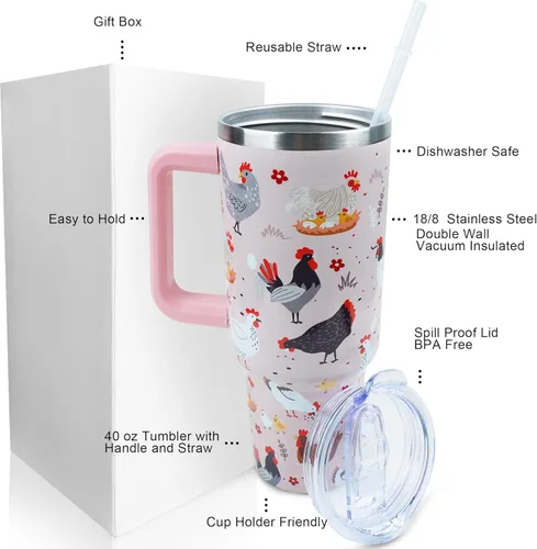 Miniatura 2 de Vaso de 40 onzas con asa y tapa con popote a prueba de fugas, diseño de pollo y gallo, taza de viaje de café con asa aislada para bebidas frías