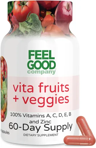 FeelGood Superfoods Vita Fruit and Veggies Cápsulas – 25 ingredientes superalimentarios, multivitamínico de frutas y verduras, 60 unidades – para