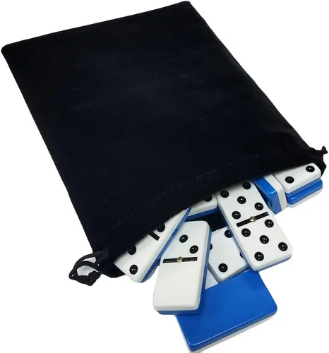 Marion & Co. Dominó Doble Seis 6 Fichas de Dos Tonos Azul y Blanco Tamaño Profesional Jumbo de Torneo con Giradores en Bolsa de Terciopelo Negro Dos