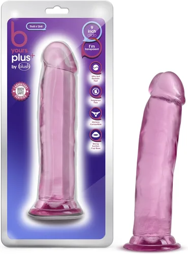 Miniatura 8 de Blush B Yours Plus Thrill N' Drill - Consolador realista de 9 pulgadas, hecho a mano, suave, transparente, morado, compatible con arnés de ventosa