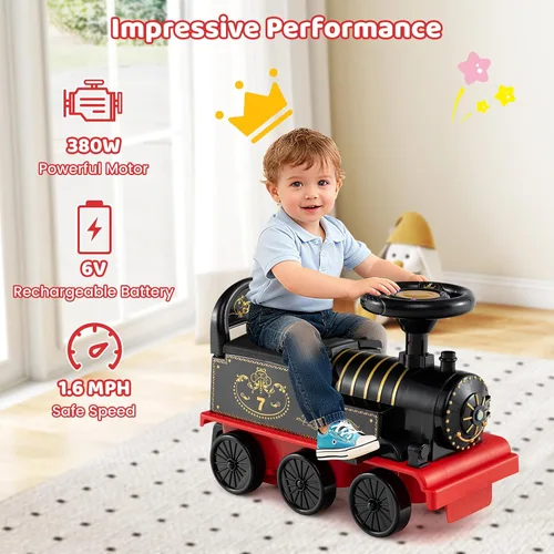 Miniatura 6 de Costzon Tren de paseo de 2 plazas con carruaje, juguete de 6 V con almacenamiento debajo del asiento, reposapiés, silbato de tren, música y luces