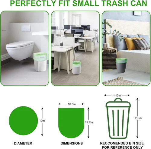 Miniatura 6 de Inwaysin 200 bolsas de basura de baño a base de almidón de plantas de 2.6 galones, fuertes, sin perfume, expandidas, verdes, 10L