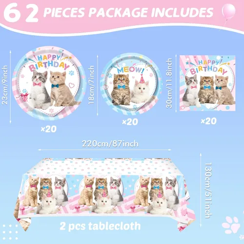 Miniatura 2 de Ryzovo Suministros para fiesta de cumpleaños de gato, 62 piezas de decoración de fiesta de gato y juego de vajilla - Decoración de fiesta