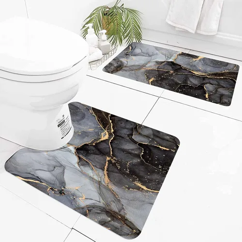 Miniatura 5 de EMMTEEY Juego de alfombras de baño de 3 piezas, alfombra de baño de mármol negro, gris y dorado, antideslizante, absorbente, para debajo