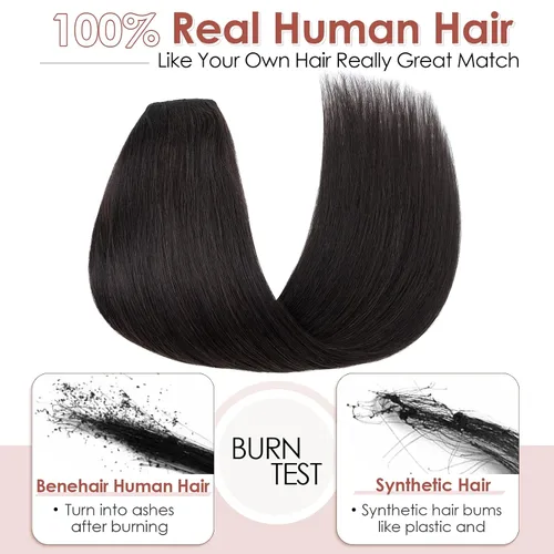 Miniatura 2 de Benehair Extensiones de cabello humano real de una pieza con clip, 3/4, cabeza completa, en forma de V, trama más gruesa, malla de encaje, Negro