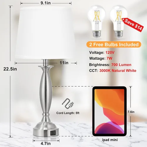 Miniatura 4 de Juego de 2 lámparas blancas para dormitorio, lámpara de noche de control táctil con USB C+A, lámparas de mesita de noche regulables de 3 vías