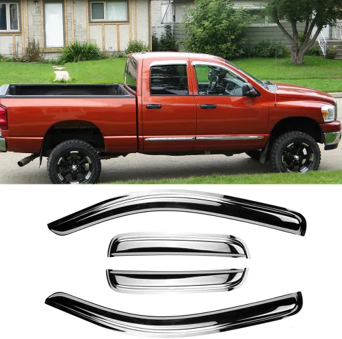 94623Y Viseras de ventana lateral cromadas, deflectores de viento para 02-08 Dodge Ram 1500, 03-09 Ram 2500 y 3500 Quad Cab con 2 puertas traseras
