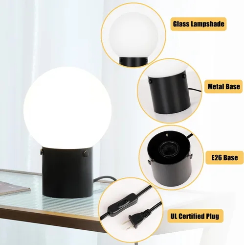 Miniatura 4 de Somniferous Lámpara pequeña de mesa para mesita de noche con pantalla de globo de vidrio esmerilado, lámpara de mesita de noche de estilo moderno