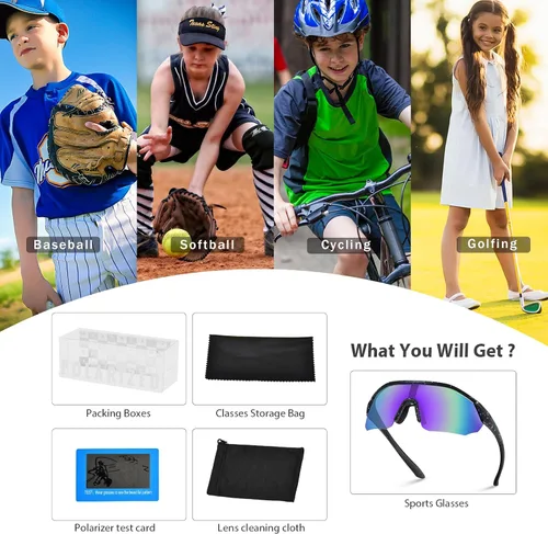 Miniatura 7 de MVPTGRS Gafas de sol de béisbol juveniles para niños y niñas de 8 a 14 años TR90 con marco para niños, gafas de sol deportivas para sóftbol