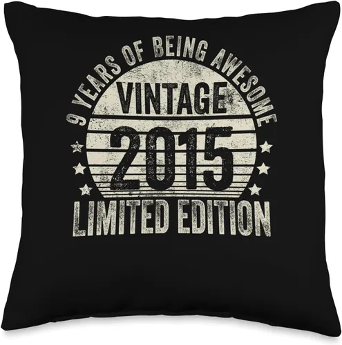 9 Year Old Vintage 2015 Limited Edition Bday Regalos retro de 9º cumpleaños para niñas y niños, almohada de 16 x 16 pulgadas, multicolor