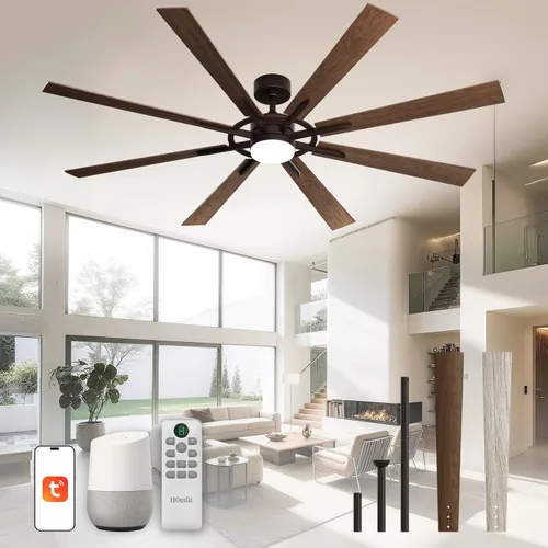 Ventilador de techo inteligente de 72 pulgadas con luz y control remoto, ventilador de techo de nogal con motor de CC reversible silencioso, control
