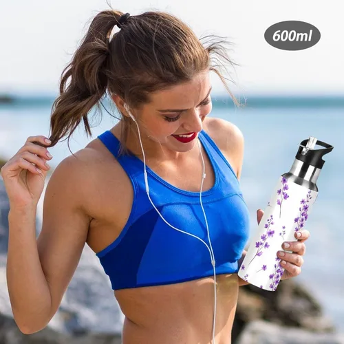 Miniatura 6 de Purple Flowers Leaves Stainless Steel Water Bottle 20 Oz Leakproof Water Bottles, BPA-Free Sports Water Bottle with Straw
