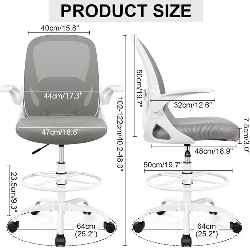 Miniatura 2 de Silla de dibujo alta de oficina con reposabrazos abatibles, altura ajustable y soporte lumbar mejorado, taburete ergonómico rodante, soporte de Gris