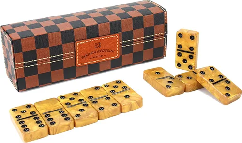 Juego de dominó Vovotuzzi para adultos, dominó grueso, juego de dominó doble 6 para adultos y niños, 28 fichas de mármol dorado en estuche de cuero