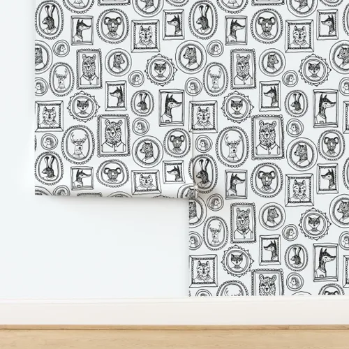Miniatura 4 de Spoonflower Papel tapiz para despegar y pegar, marco de retrato de animales caprichoso, bosque, negro, blanco, cuarto de niños, papel tapiz