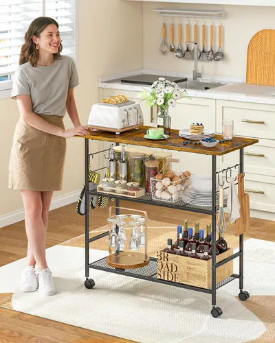 Miniatura 4 de Isla de cocina con 3 estantes, carrito de cocina rodante con 6 ganchos y estante protector, soporte de microondas con ruedas bloqueables, estante