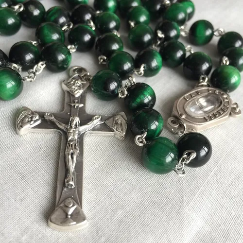 Miniatura 4 de elegantmedical HECHO A MANO 10MM verde Tiger Eye Bead Rosario CROSS collar católico Lourdes Medalla de agua