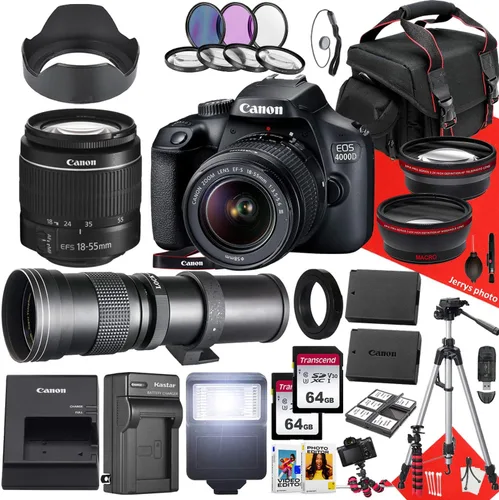 Canon Cámara DSLR EOS 4000D/Rebel T100 con Canon EF-S 0.709-2.165 in F/3.5-5.6 DC III Zoom y teleobjetivo zoom 16.535-31.496 in f/8.3 HD + memoria