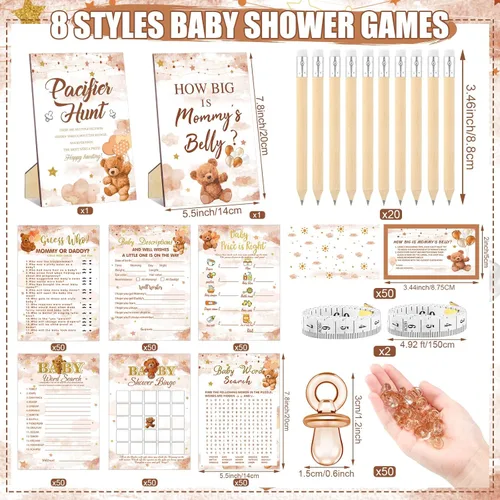 Miniatura 3 de Sherr Juego de 424 chupetes para baby shower, incluye letrero de caza y 50 chupetes acrílicos, Bingo Price Guess How Is Big Search for Brown Baby