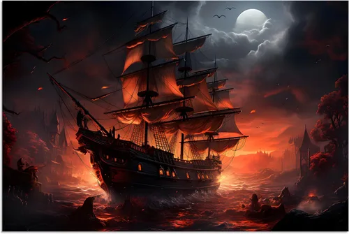 Miniatura 22 de TutuBeer 3 Piezas Arte de Pared Batalla Naval Barco Imagen Barco Pirata Velero Póster Barco Pirata Azul en Llamas Imagen Impresa en Lienzo Póster