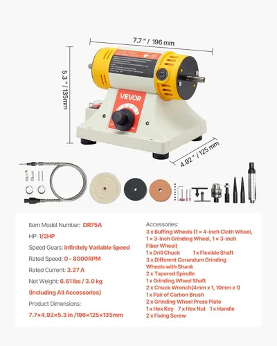 Miniatura 7 de VEVOR Pulidora de Banco, Pulidora de 1/2HP, Pulidora con Velocidad de 0 a 8000RPM con 4" Rueda de Tela, 3" Rueda de Molienda y 3" Rueda de Fibra