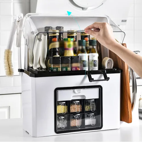 Miniatura 2 de IMPREC Estante de condimentos, cocina con cajón de tapa abatible transparente, tarro de condimentos, botella organizadora de especias, estante