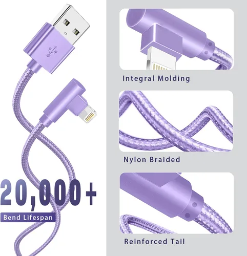 Miniatura 2 de Cargador para iPhone, paquete de 3 cables Lightning de 6 pies [certificado Apple MFi] Cable de carga rápida para iPhone de 90 grados, cable trenzado