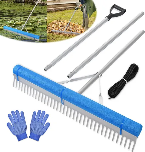 Rastrillo flotante para lago, recolector de hojas para jardinería, rastrillo de aluminio de 36 pulgadas con mango ajustable, cuerda y flotador,
