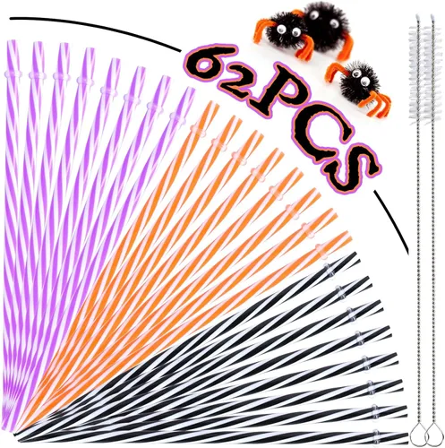 Miniatura 2 de Whaline 60 popotes de plástico reutilizables para Halloween con 2 cepillos de limpieza para pajillas, color naranja, morado, negro, rayas