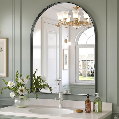 Miniatura 20 de Brightify - Espejo arqueado dorado de 24 x 32 pulgadas, espejo de pared con marco de metal de latón para baño, espejo arqueado superior para tocador