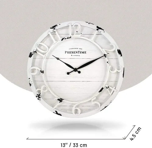 Miniatura 4 de Presentime & Co - Reloj de pared de la serie Farmhouse de 13 pulgadas, movimiento de cuarzo, estilo Shiplap, número arábigo 3D elevado, blanco