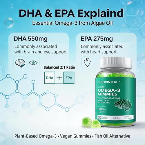 Miniatura 5 de Suplemento de aceite de algas omega-3 vegano con DHA 300 mg y EPA 150 mg, Omega-3 a base de plantas con vitamina D3 y K2, cápsulas blandas de aceite