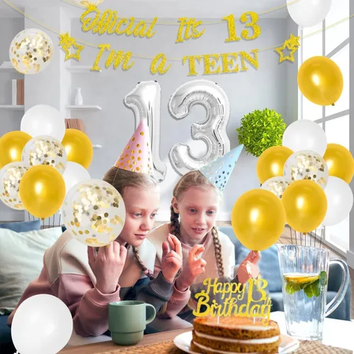 Miniatura 5 de Decoraciones de cumpleaños número 13 para niños y niñas, suministros de fiesta de cumpleaños número 13 negro dorado con pancarta colgante en espiral