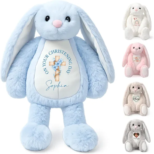 Miniatura 13 de TNYKER Conejito de Pascua personalizado para bebés, con nombre personalizado, conejito de peluche con orejas largas con monograma, muñeca de conejo
