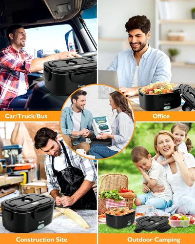 Miniatura 4 de Eocolz Fiambrera eléctrica calentador de alimentos de 80-100 W, calentador de alimentos con doble contenedor, 1.5L, lonchera portátil calentada