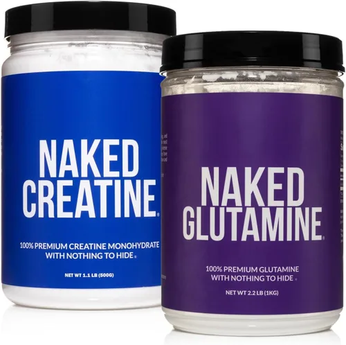 Naked Monohidrato de creatina micronizada pura, 100 porciones + 200 porciones de L-glutamina pura: vegano, sin OMG, sin gluten. Minimiza la