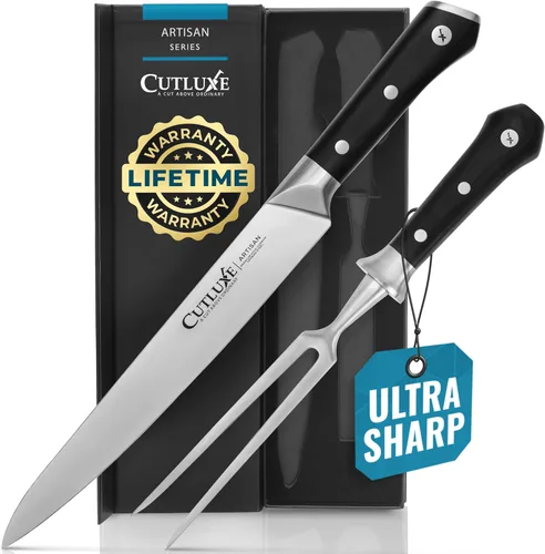 Juego de cuchillos para trinchar pavo de Cutluxe – Tenedor y cuchillo para trinchar carne, barbacoa, brisket – Acero alemán premium de espiga