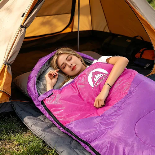 Miniatura 4 de SWTMERRY Saco de dormir para 3 estaciones (verano, primavera, otoño) clima cálido y fresco, ligero, impermeable, para uso en interiores y Púrpura