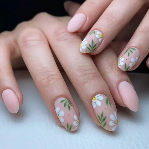 Miniatura 21 de Uñas postizas ovaladas a presión con puntas francesas, juego de uñas postizas cortas de flores artificiales, uñas postizas acrílicas con diseños