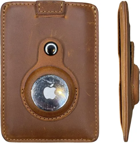 Lumberjack Plaid Cuero auténtico Billetera delgada AirTag con lengüeta para fácil acceso a la tarjeta Tarjetero minimalista delgado de bolsillo