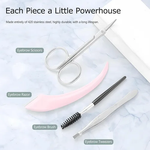 Miniatura 5 de Kit de recortador de cejas, juego 5 en 1 con tijeras para cejas, maquinilla de afeitar, pinzas, cepillo y espejo para mujer, incluye bolsa de cuero
