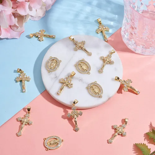Miniatura 3 de 6 dijes de cruz de crucifijo de latón con circonita cúbica, chapado en oro real de 18 quilates, para joyería, collares, pulseras y manualidades