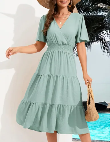 Miniatura 4 de KOJOOIN Women's Casual Wrap V Neck Midi Dress Long Sleeve Smocked Waist Tiered A Line Pleated Flowy Long Dress