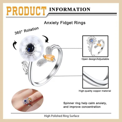 Miniatura 5 de Honsny 6 piezas anillos de ansiedad chapados en oro de 14K para mujeres, anillo giratorio ajustable para la ansiedad, anillos fidget CZ de mariposa