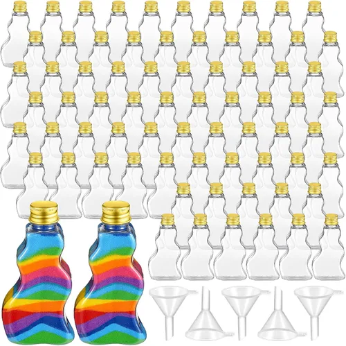 Miniatura 8 de Nuenen 50 botellas de arte de arena a granel con embudos de plástico en forma de onda para suministros de fiesta de manualidades (tapa colorida)