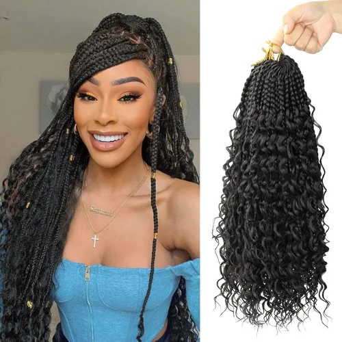 Miniatura 74 de Goddess Box Braids - Trenzas de cabello a ganchillo con extremos rizados, trenzas de caja bohemianas de 16 pulgadas, trenzas de ganchillo, 8 1B-4-30